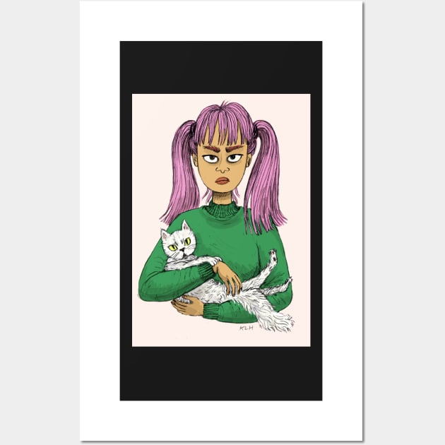 Pink Haired Girl with White Cat Wall Art by sadnettles